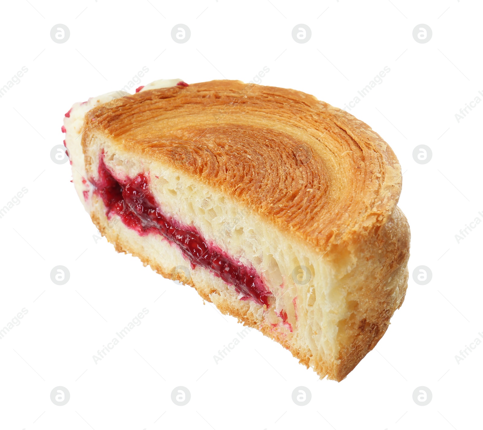 Photo of Half of round croissant with jam isolated on white. Tasty puff pastry