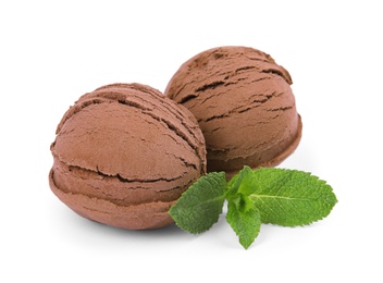 Photo of Scoops of chocolate ice cream and mint isolated on white
