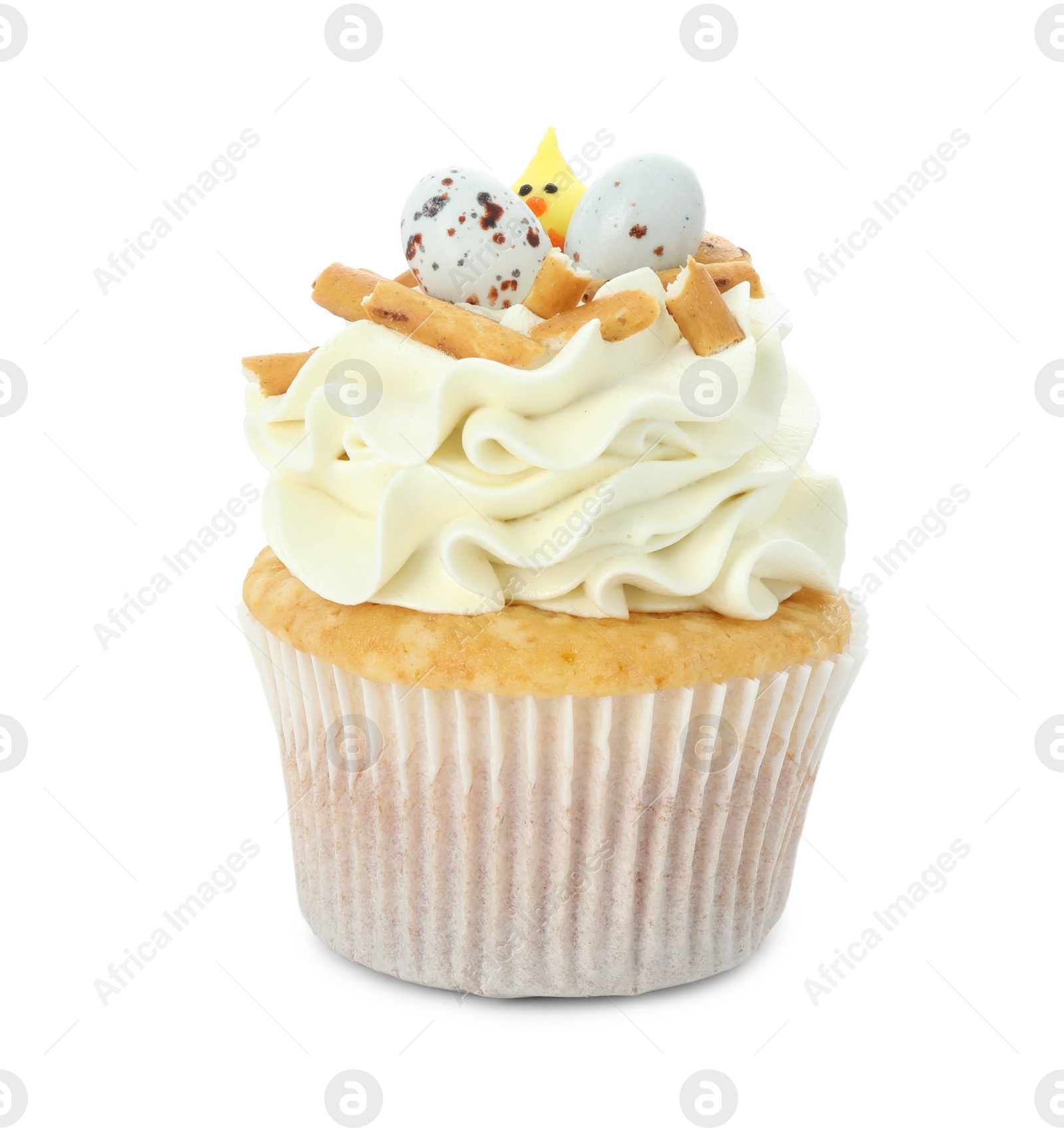 Photo of Tasty Easter cupcake with vanilla cream isolated on white