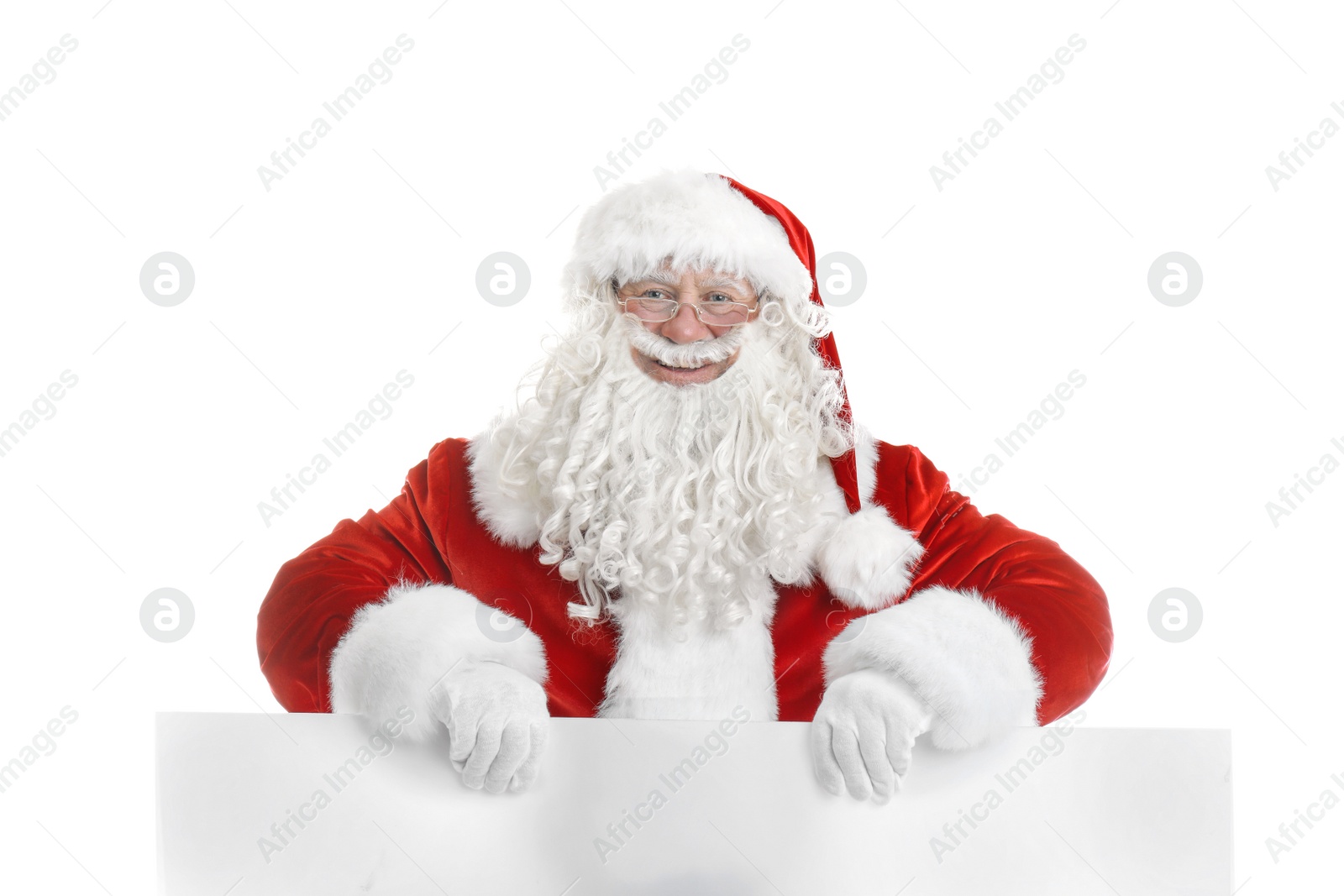 Photo of Authentic Santa Claus with blank poster on white background