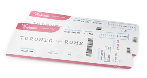 Photo of Tickets isolated on white. Travel agency concept