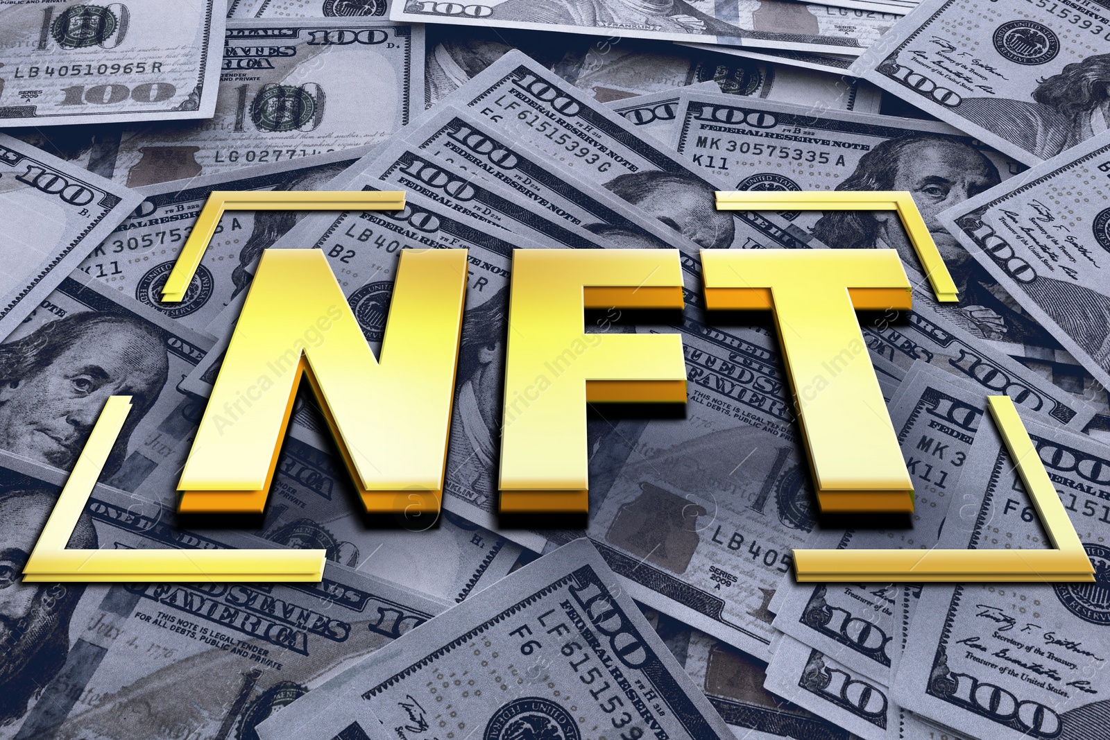 Image of Golden abbreviation NFT (non-fungible token) over dollar banknotes