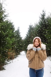 Young woman in snowy conifer forest. Winter vacation