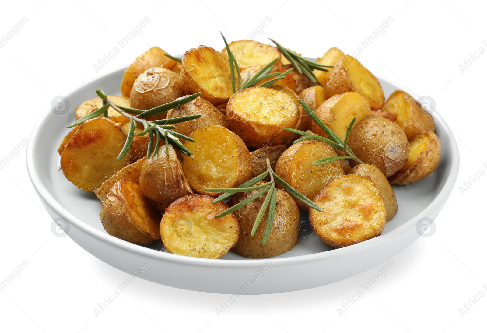 Photo of Delicious baked potatoes with rosemary isolated on white