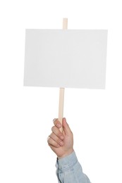 Photo of Man holding blank protest sign on white background, closeup