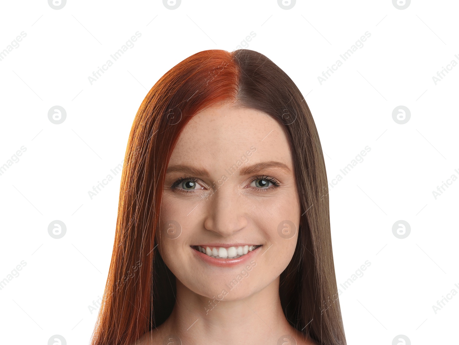 Image of Beautiful young woman before and after hair dyeing on white background