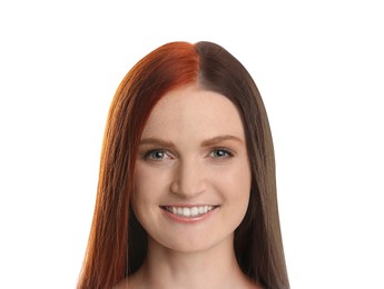 Image of Beautiful young woman before and after hair dyeing on white background