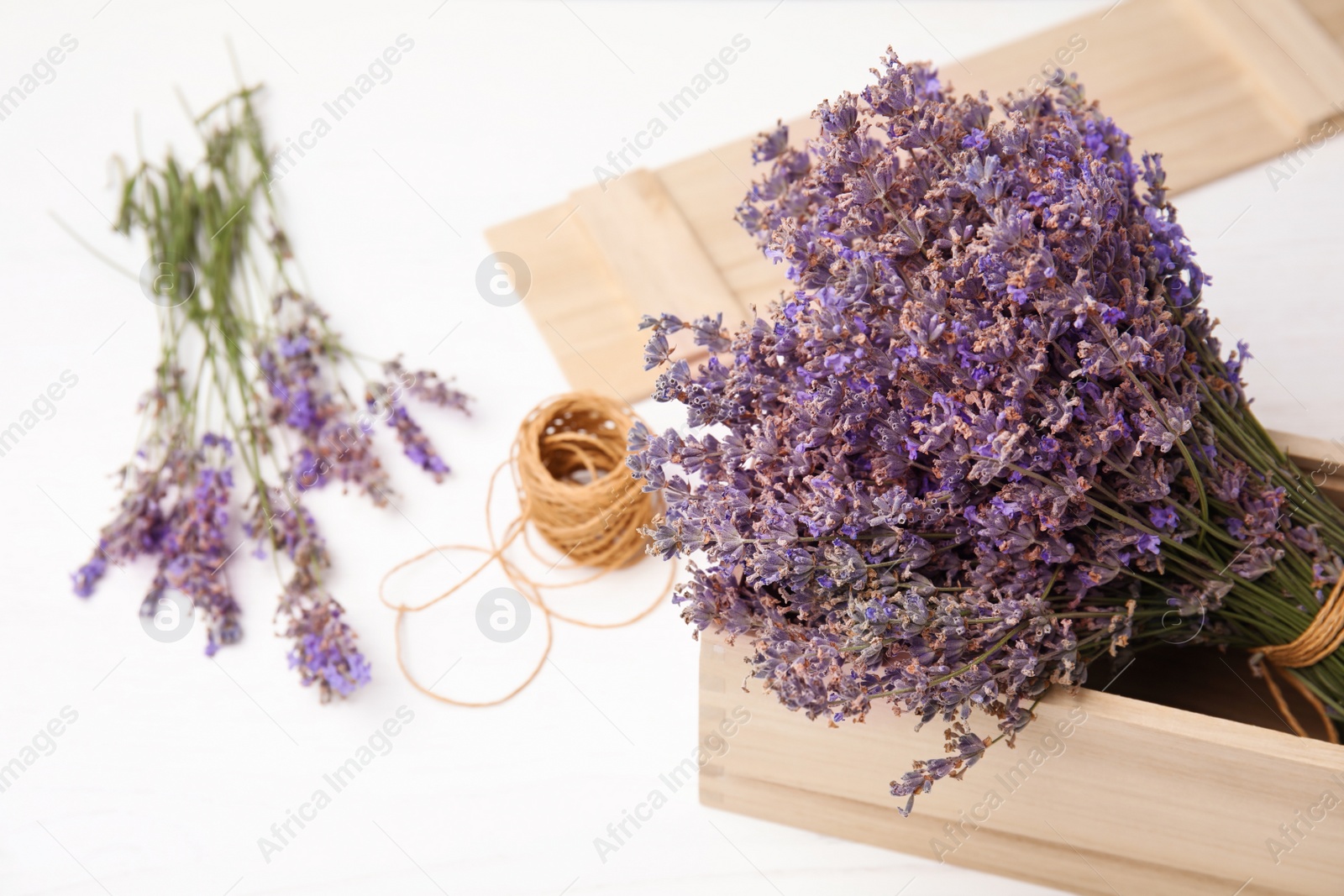 Photo of Composition with blooming lavender flowers on table