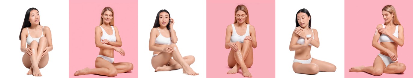 Image of Collage with photos of women applying body cream on different color backgrounds. Banner design