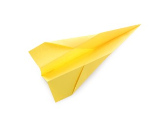 Photo of Handmade yellow paper plane isolated on white, top view