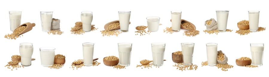 Set with natural soy milk and beans on white background. Banner design