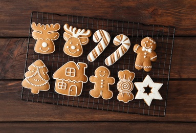Delicious homemade Christmas cookies on wooden table, top view