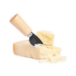 Photo of Delicious parmesan cheese and knife on white background