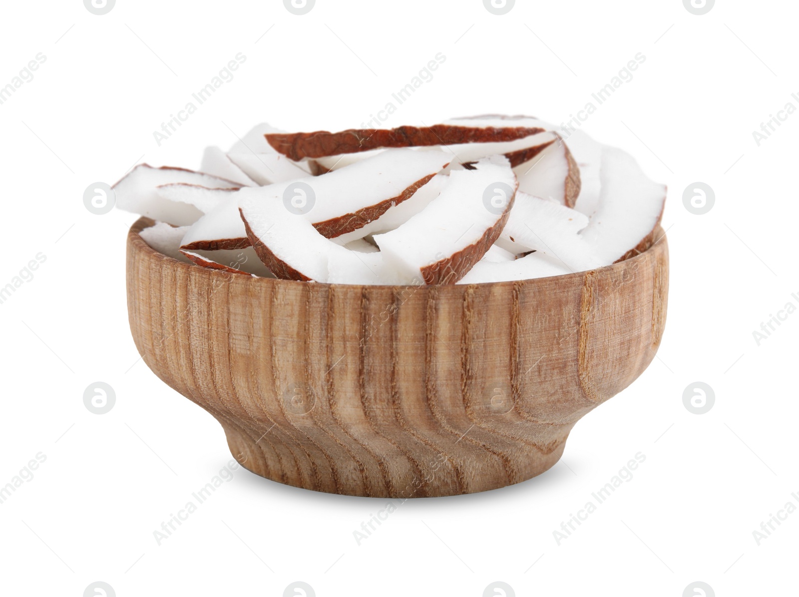 Photo of Fresh coconut pieces in bowl isolated on white