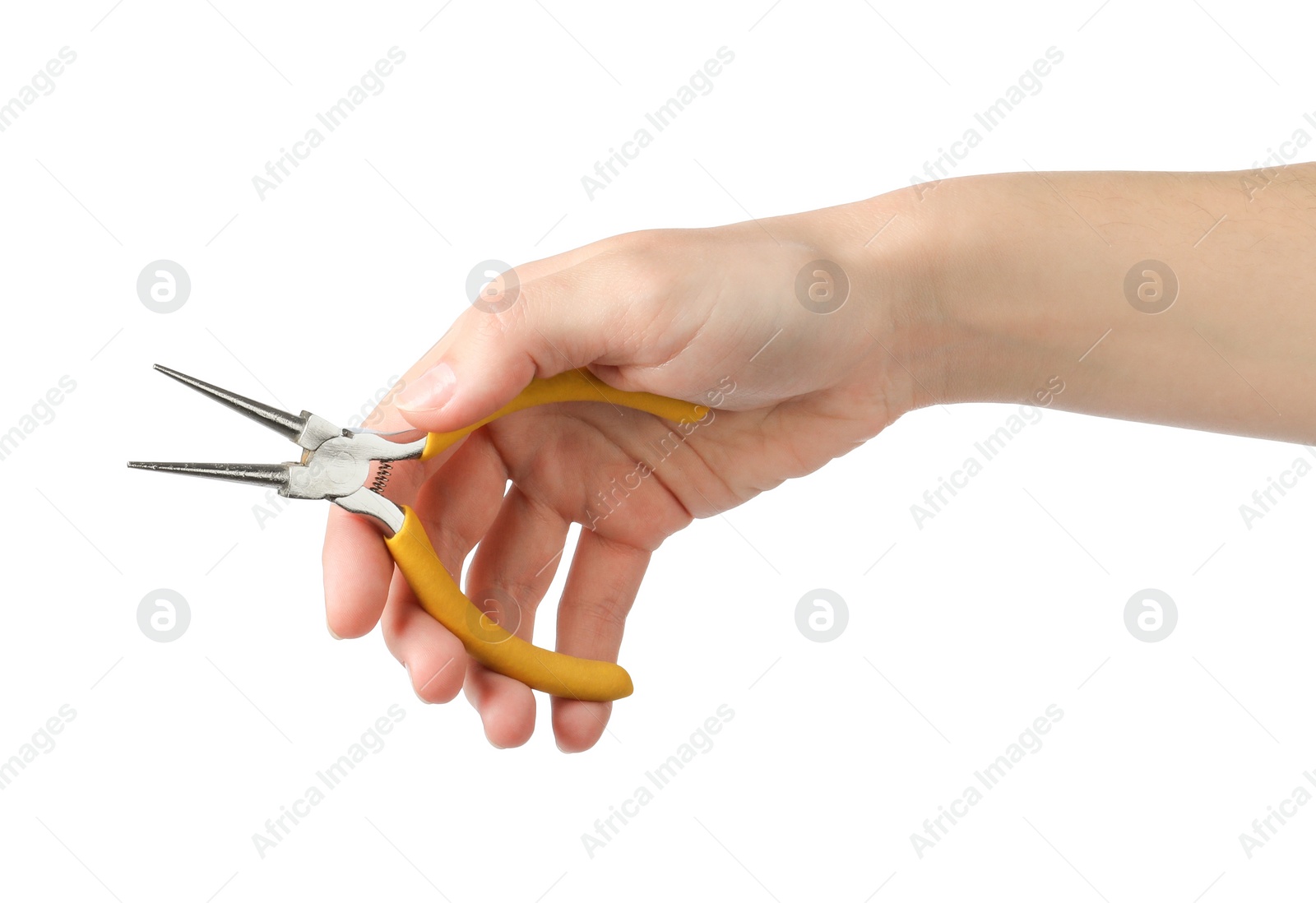 Photo of Woman holding round nose pliers isolated on white, closeup