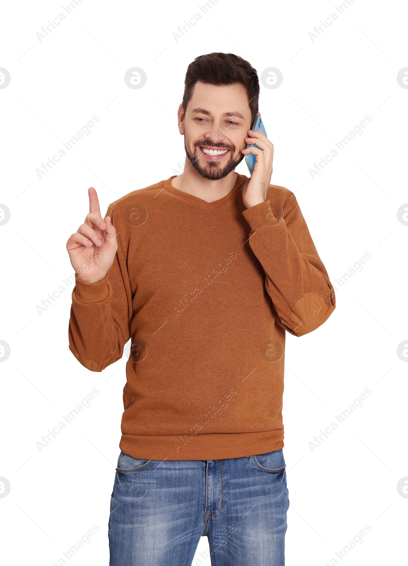 Photo of Man talking on phone against white background