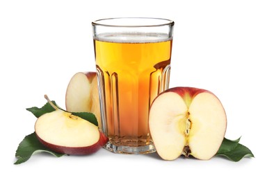 Photo of Delicious cider in glass near pieces of ripe apple on white background