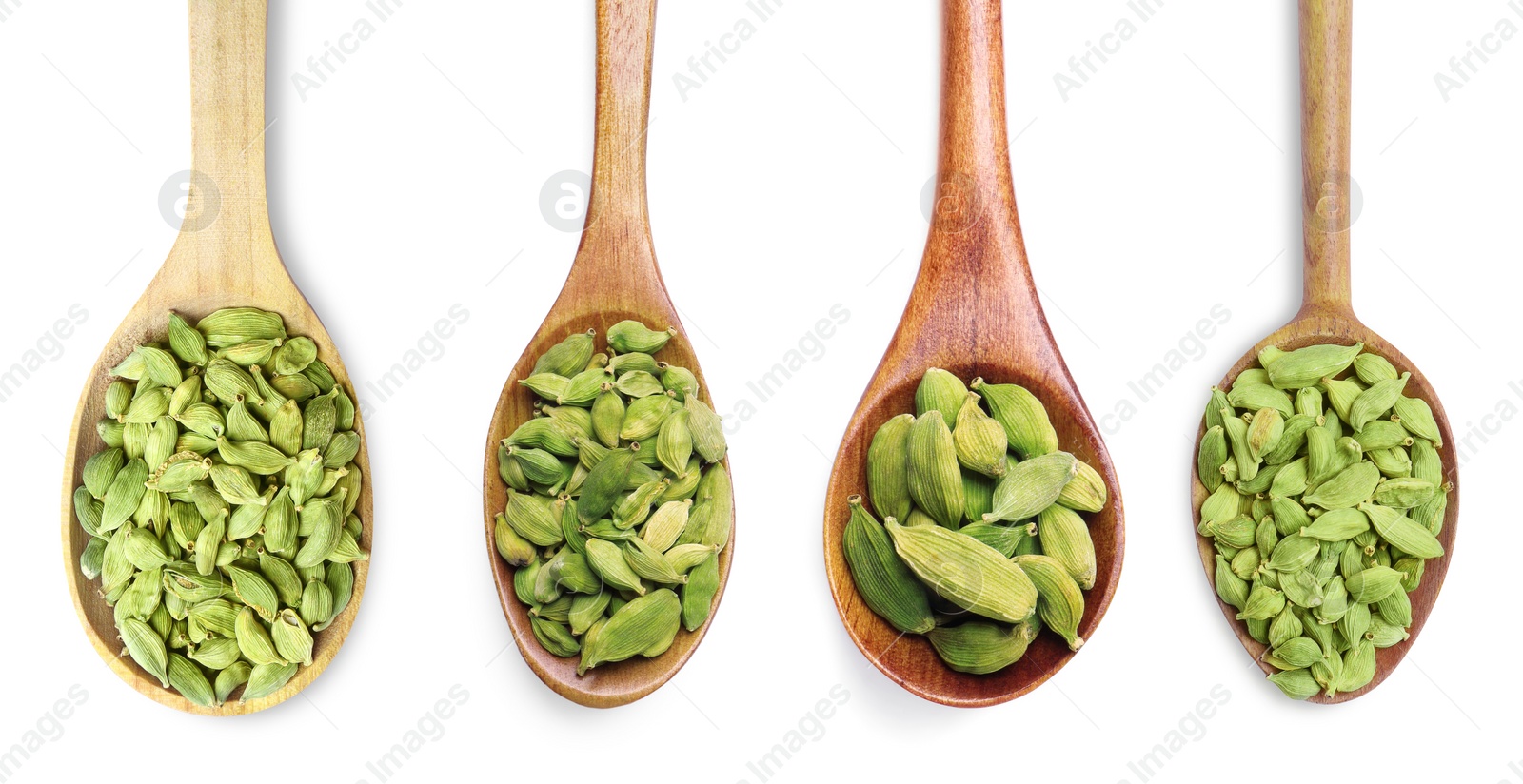 Image of Set with cardamom seeds on white background, top view. Banner design