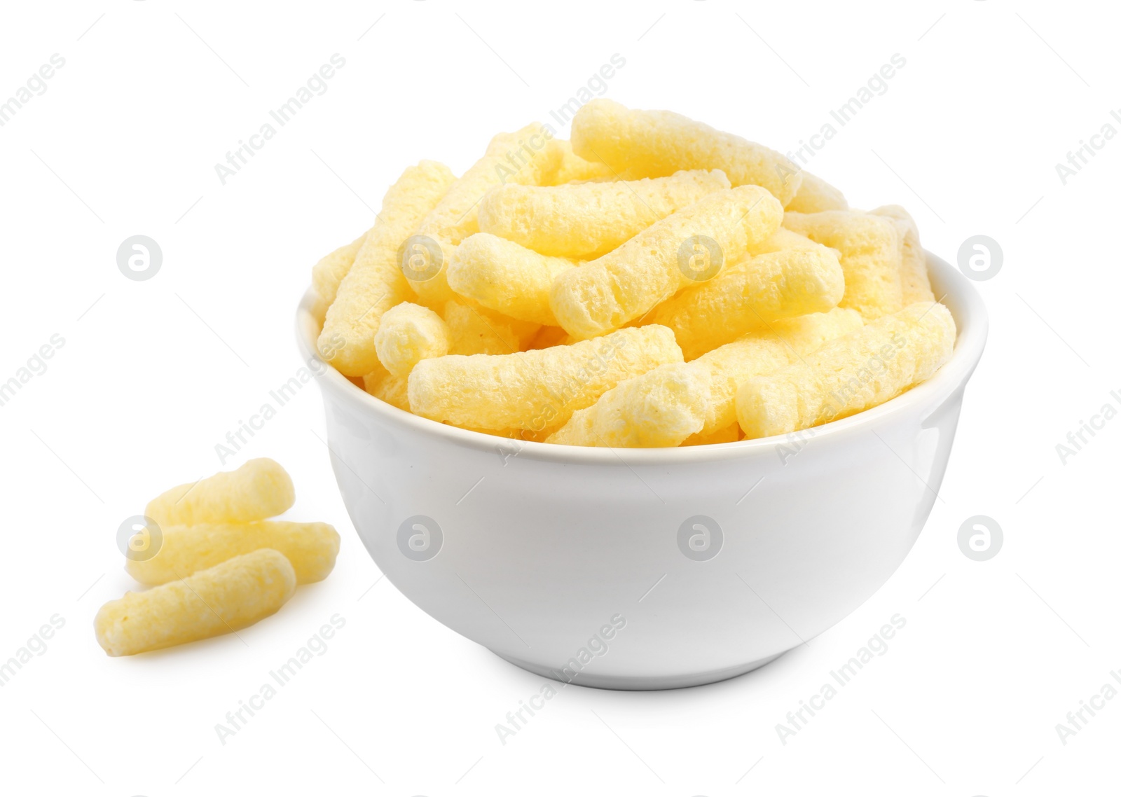 Photo of Bowl with sweet corn sticks isolated on white
