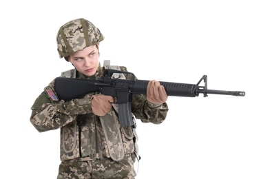 Photo of Female soldier with machine gun on white background. Military service