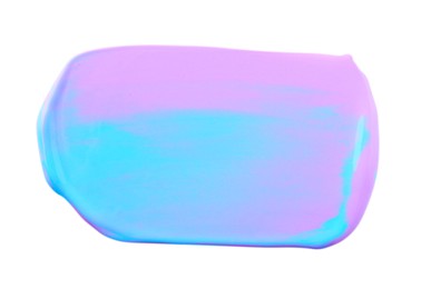 Photo of Purple and pink paint samples on white background, top view
