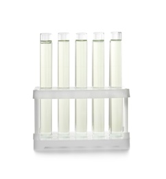 Holder with test tubes on white background. Laboratory analysis