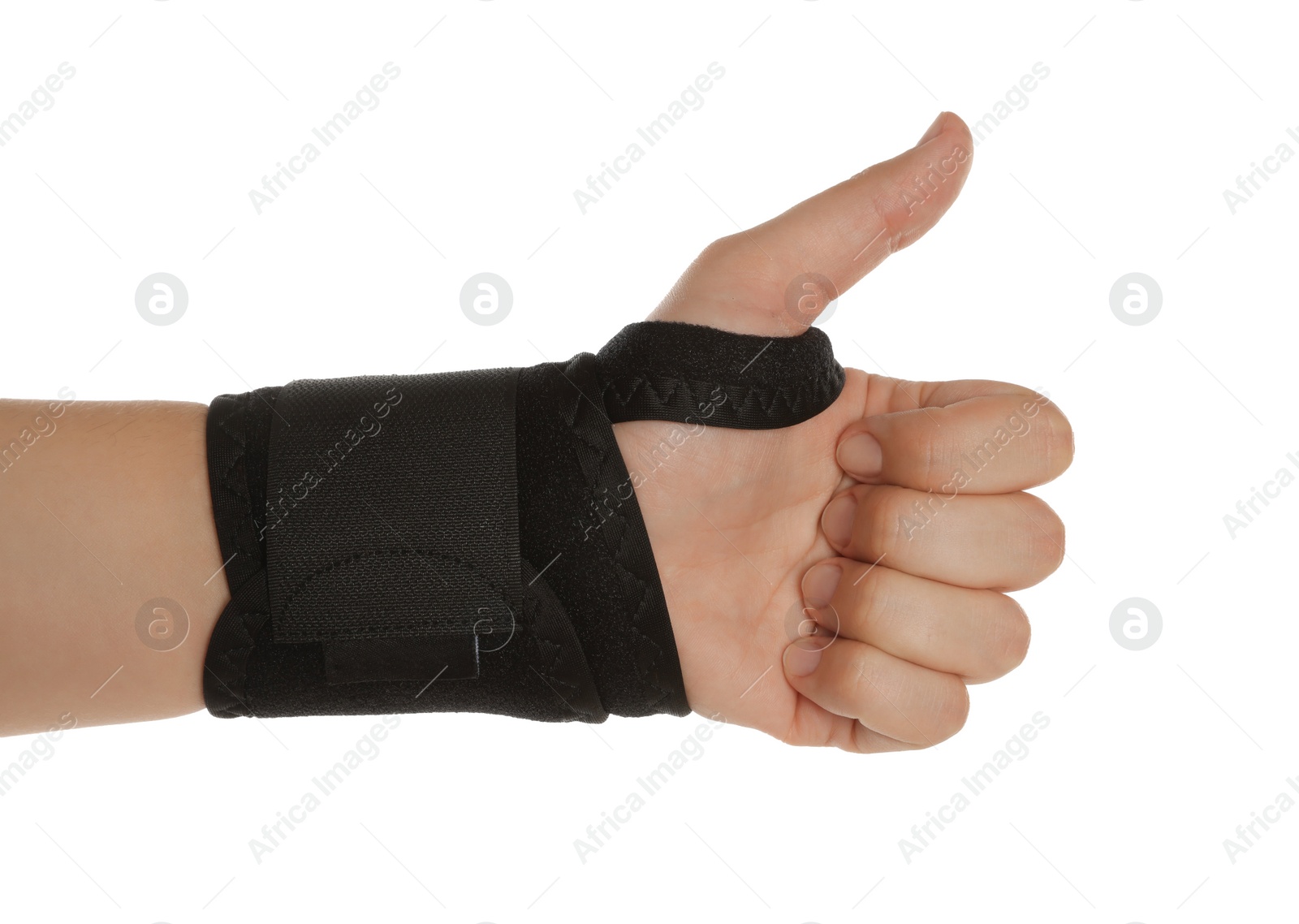 Photo of Woman with hand wrapped in medical bandage showing thumb up on white background, closeup