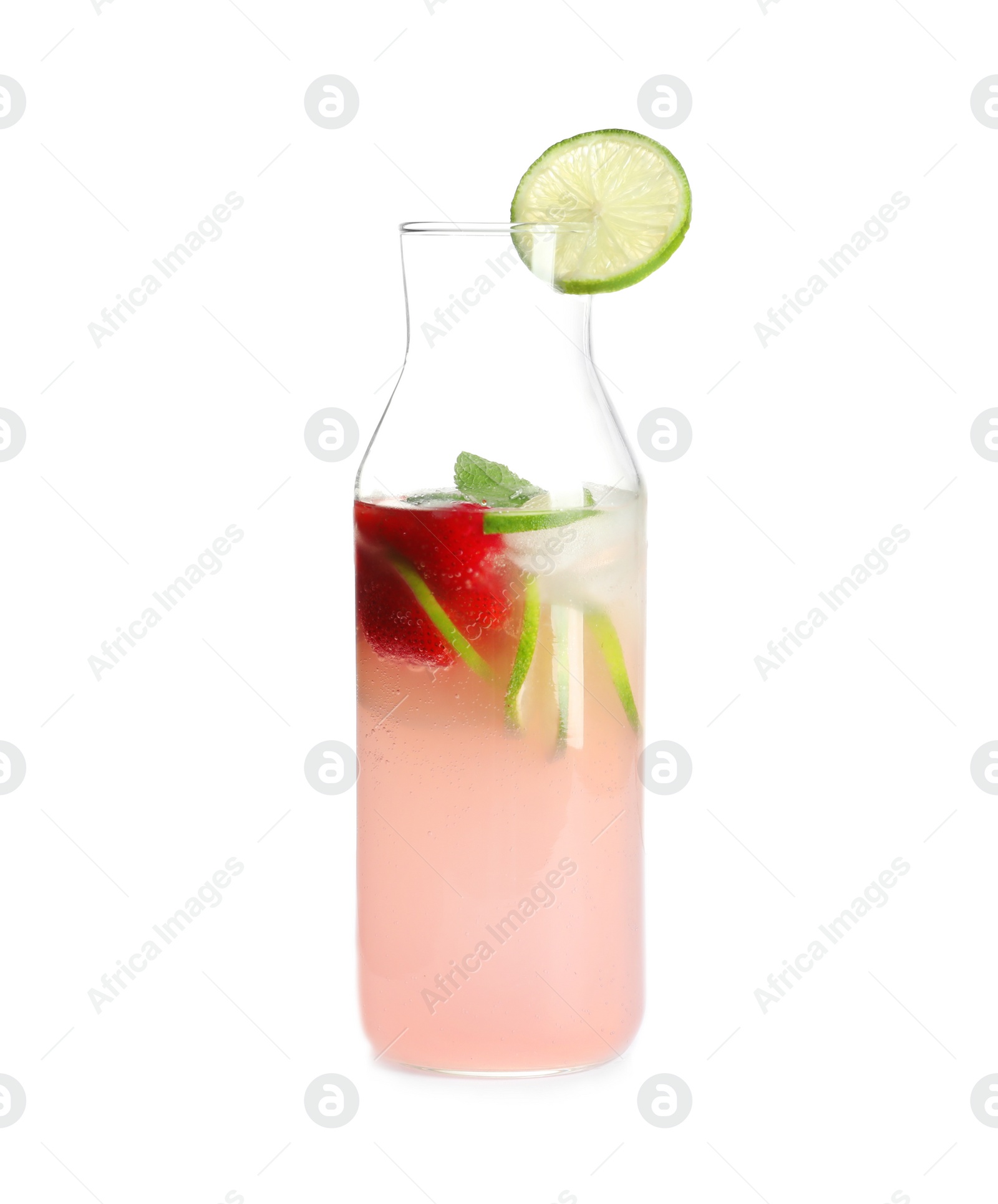 Photo of Natural lemonade with strawberries in bottle on white background