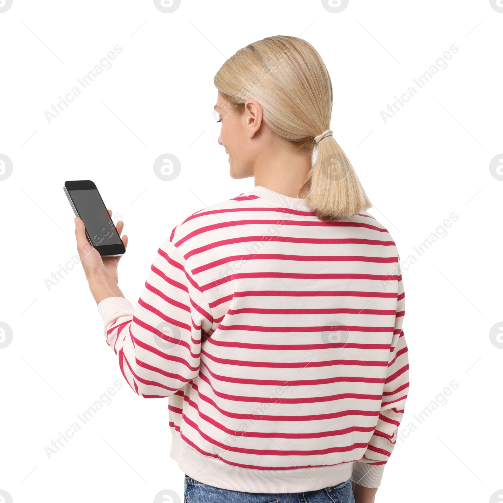 Photo of Woman holding smartphone with blank screen on white background