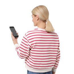 Woman holding smartphone with blank screen on white background