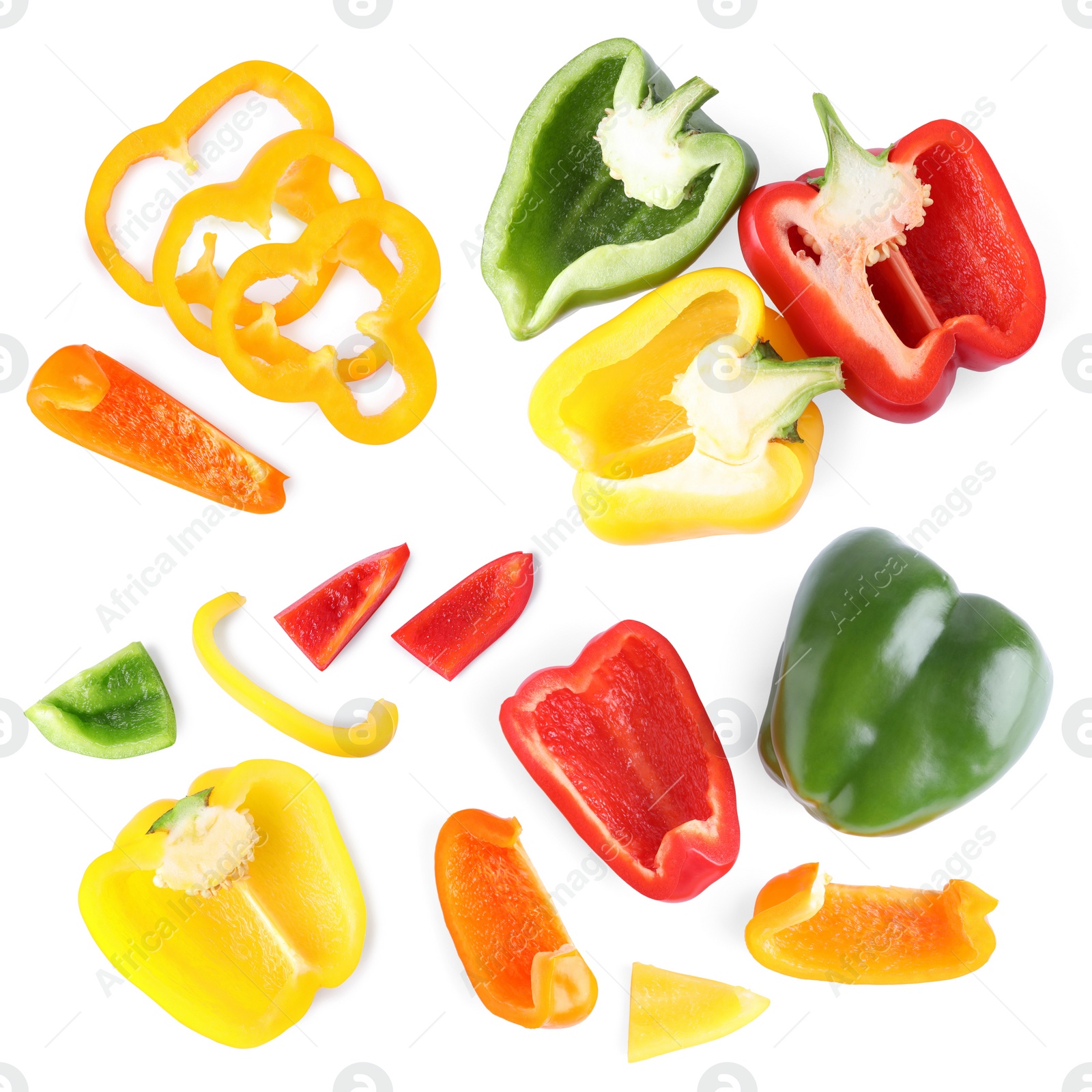 Image of Set of different cut ripe bell peppers on white background, top view