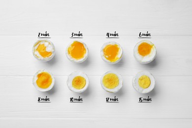 Different readiness stages of boiled chicken eggs on white wooden table, flat lay