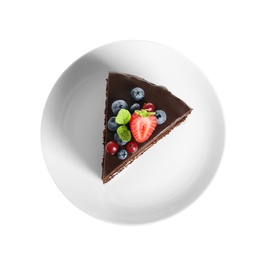 Photo of Plate with slice of chocolate sponge berry cake on white background, top view