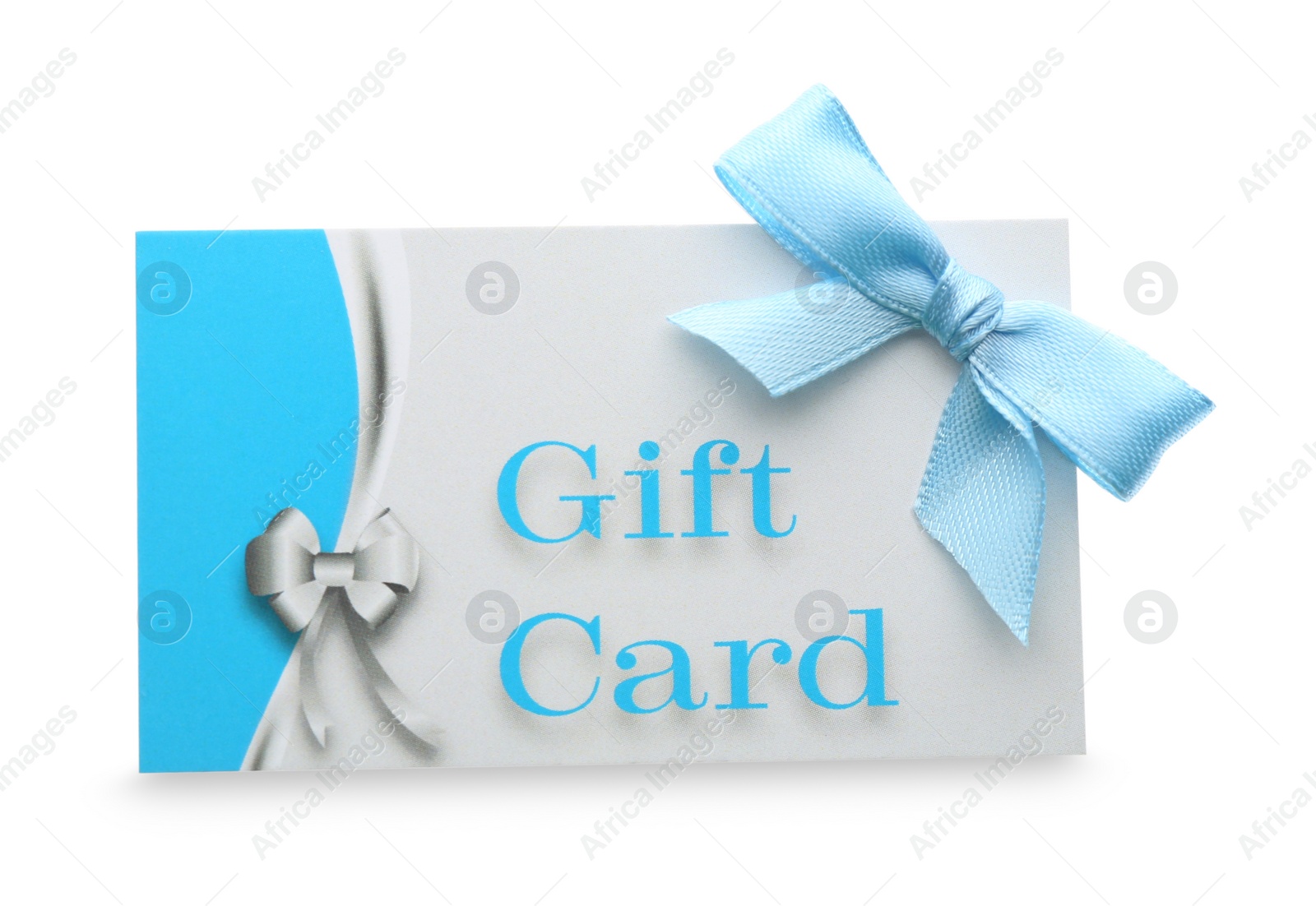 Photo of Gift card with bow isolated on white