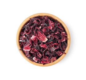 Photo of Bowl of dry hibiscus tea isolated on white, top view