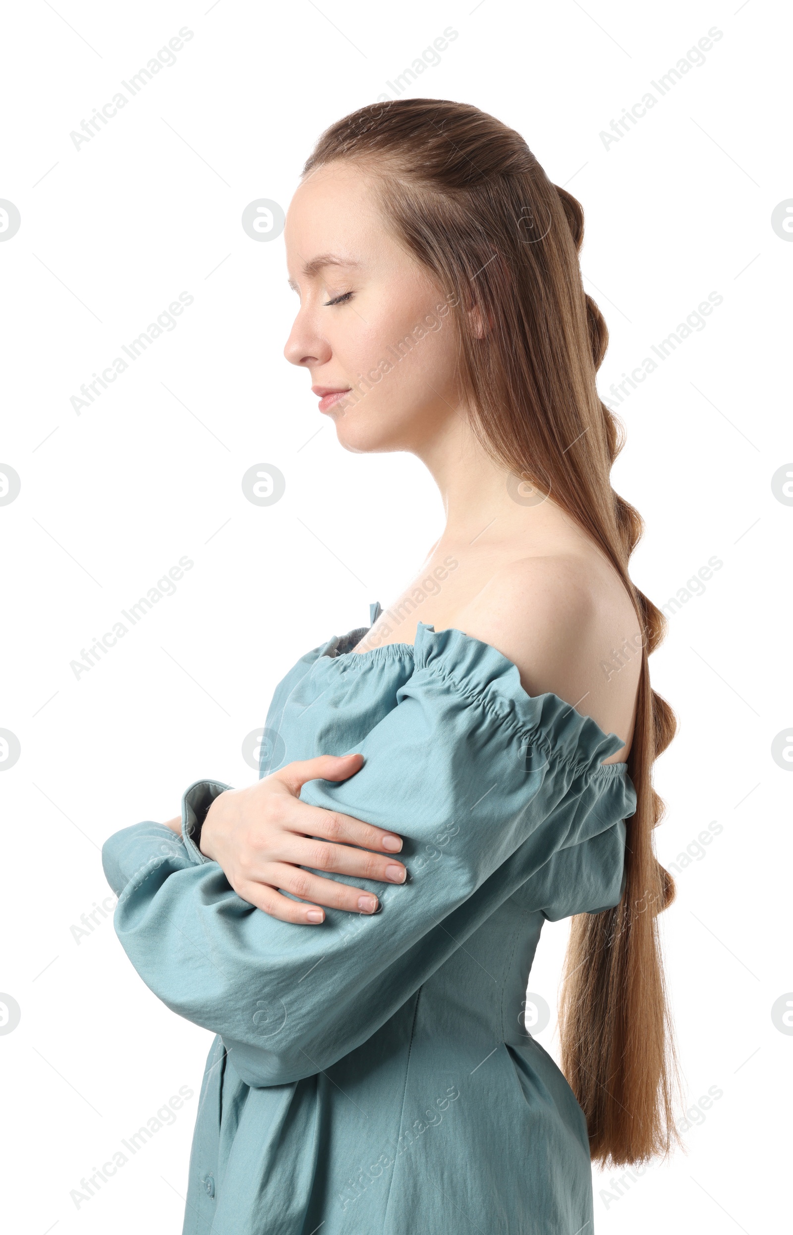 Photo of Woman with braided hair on white background