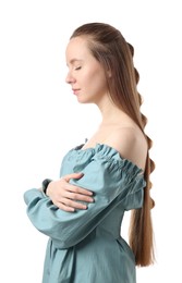 Woman with braided hair on white background