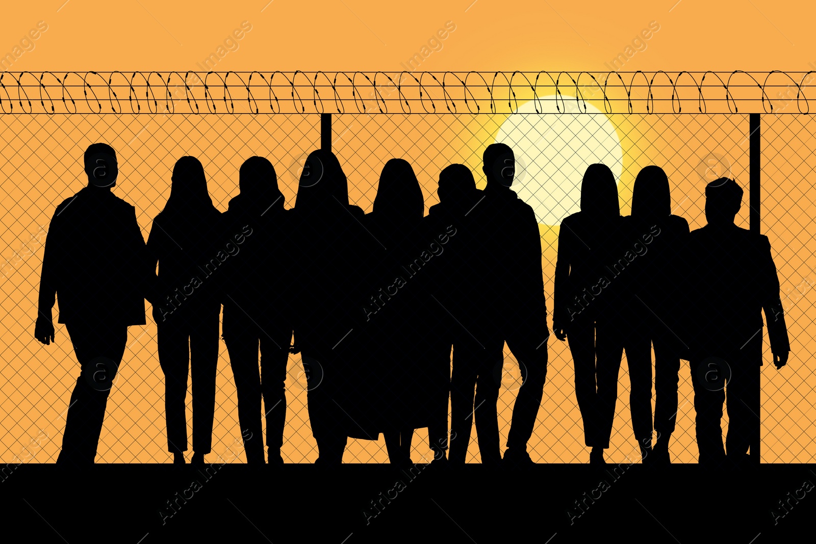 Image of Immigration. Silhouettes of people near perimeter fence with barbed wire on top at sunset, illustration