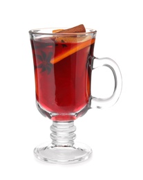 Photo of Glass cup of mulled wine isolated on white
