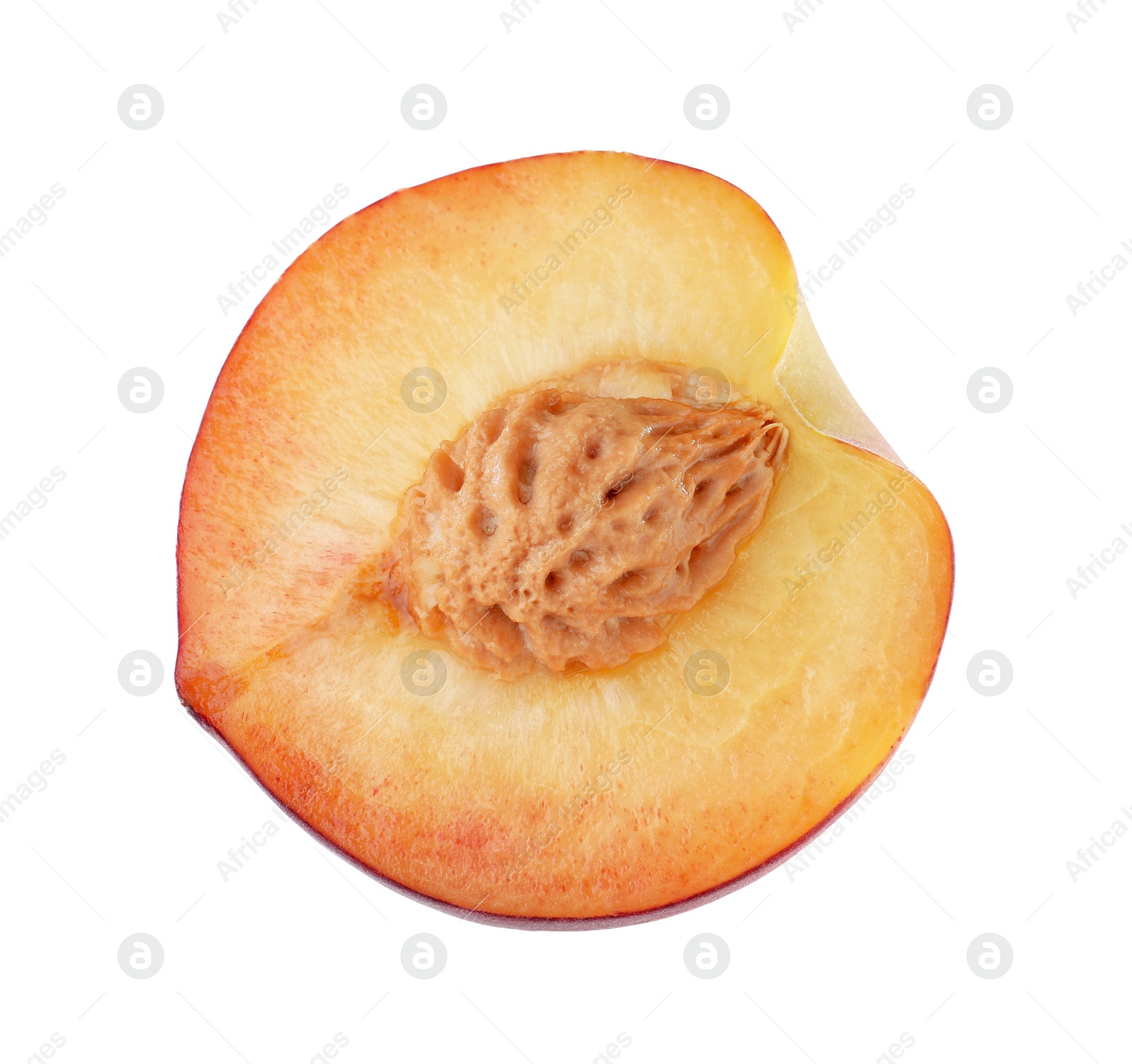 Photo of Half of sweet juicy peach on white background