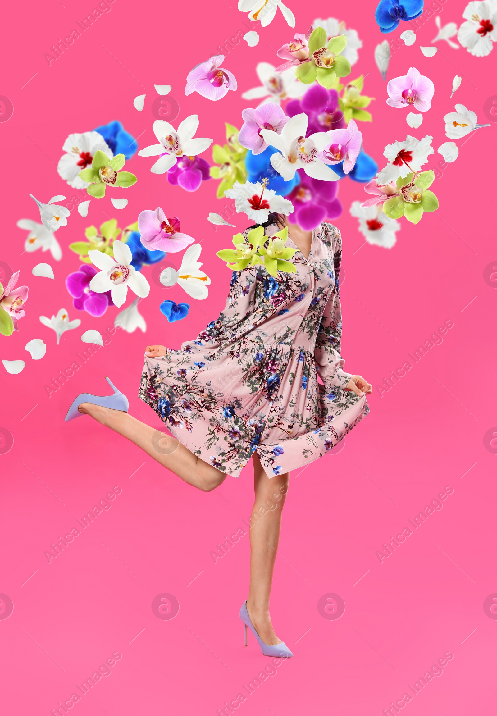 Image of Creative spring fashion composition. Dancing girl and flowers splash