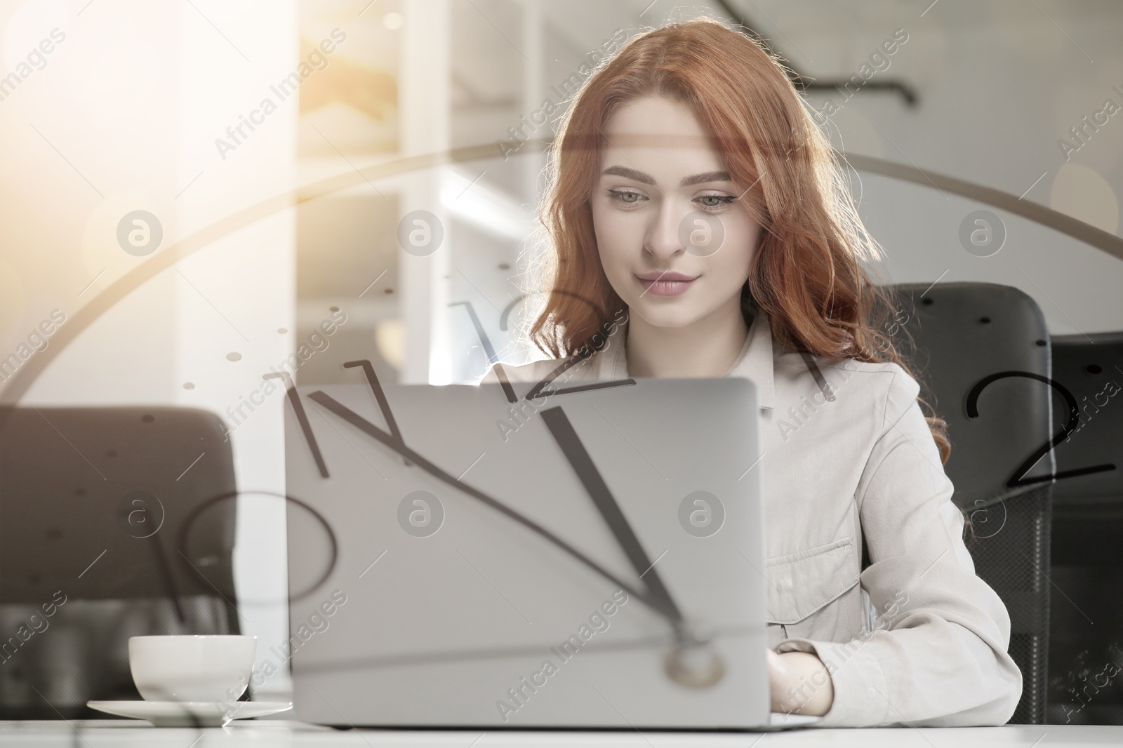 Image of Woman and clock, double exposure. Time concept