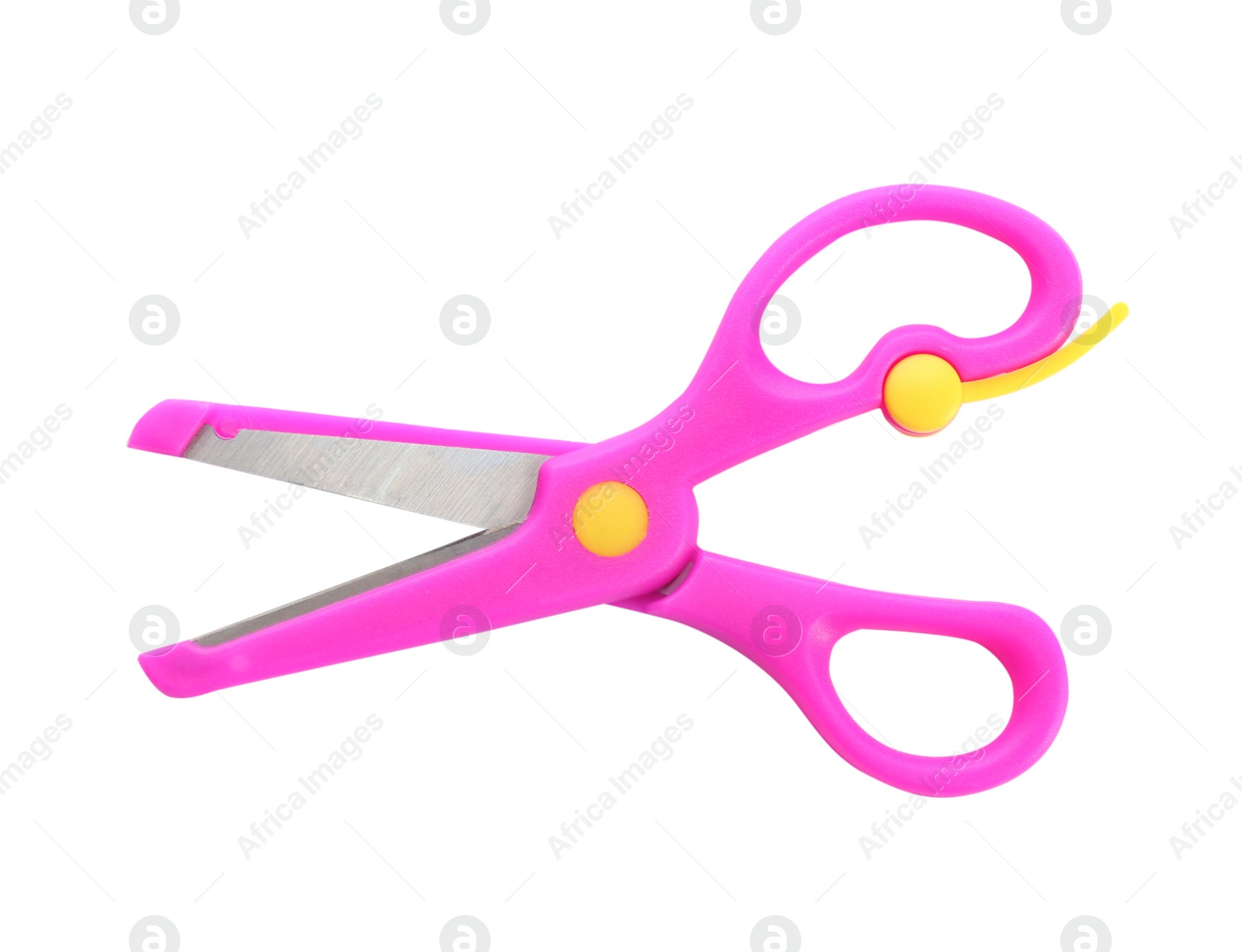 Photo of Pair of training scissors on white background