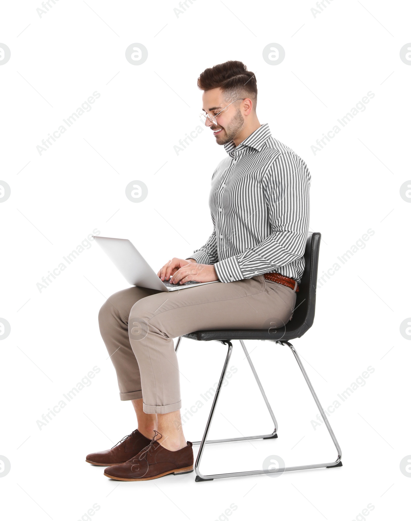 Photo of Happy man with laptop on white background