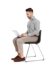 Happy man with laptop on white background