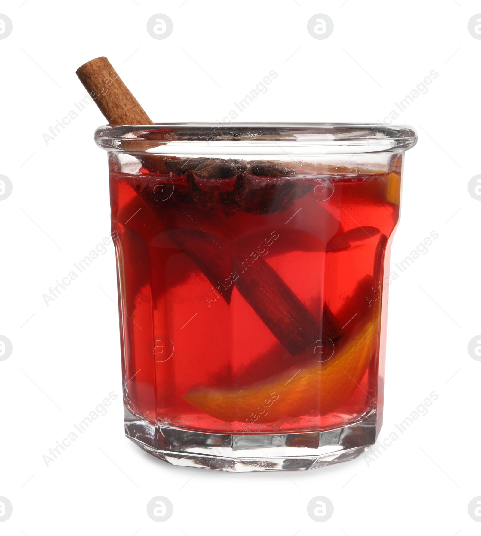 Photo of Glass of aromatic punch drink isolated on white