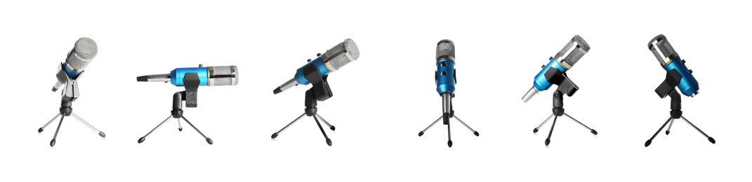 Set with microphone from different views on white background. Banner design