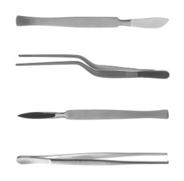 Image of Set with different surgical instruments on white background 