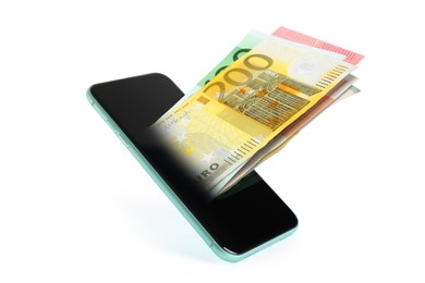 Image of Euro banknotes and modern smartphone on white background