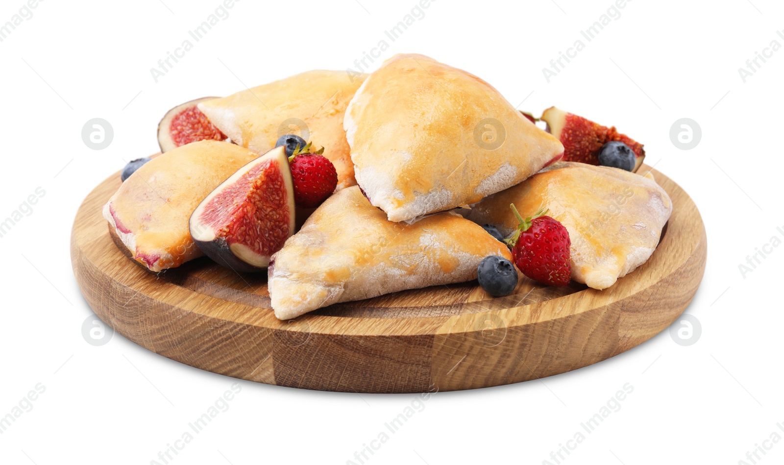 Photo of Delicious samosas with figs and berries isolated on white